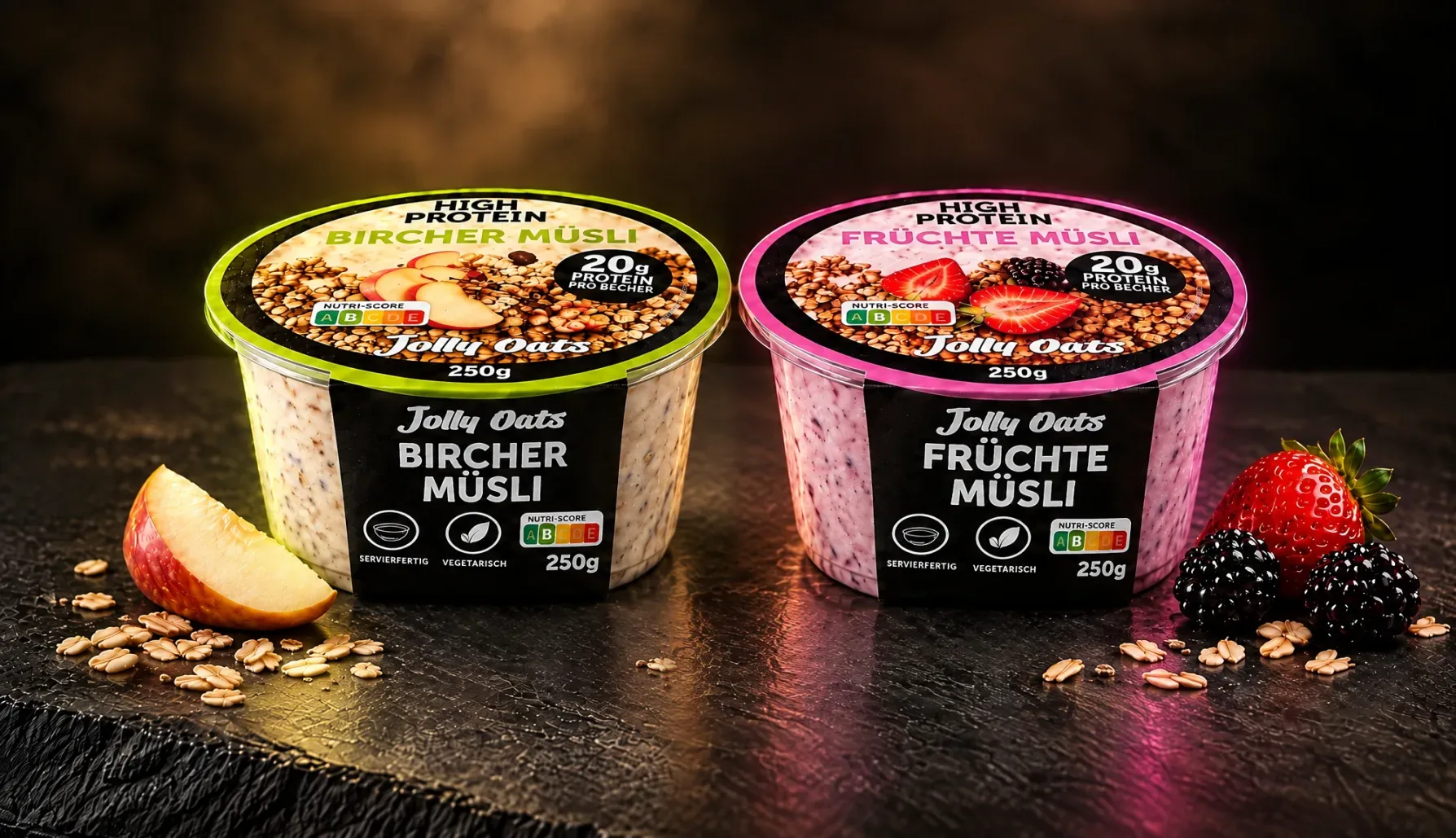 Jolly Oats Bircher und Früchte Müsli nebeneinander
