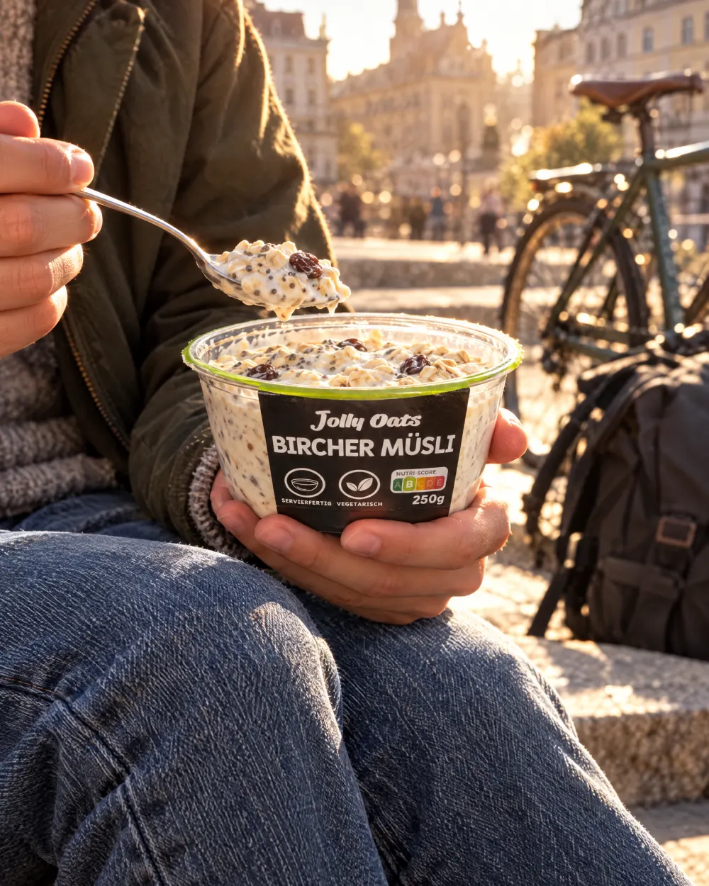 Bircher Müsli unterwegs in der Stadt
