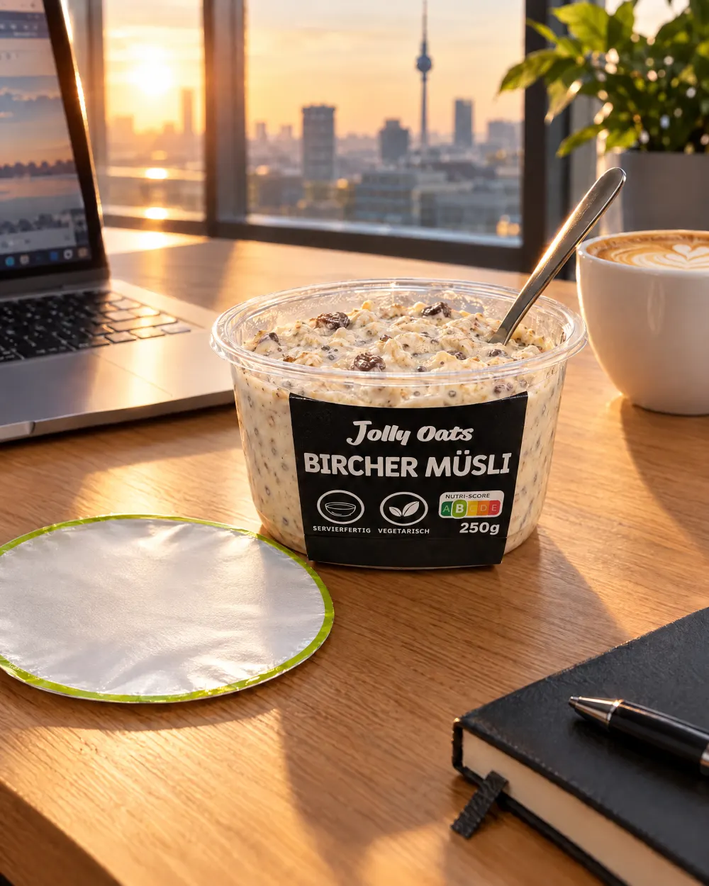 Bircher Müsli am Schreibtisch am Morgen